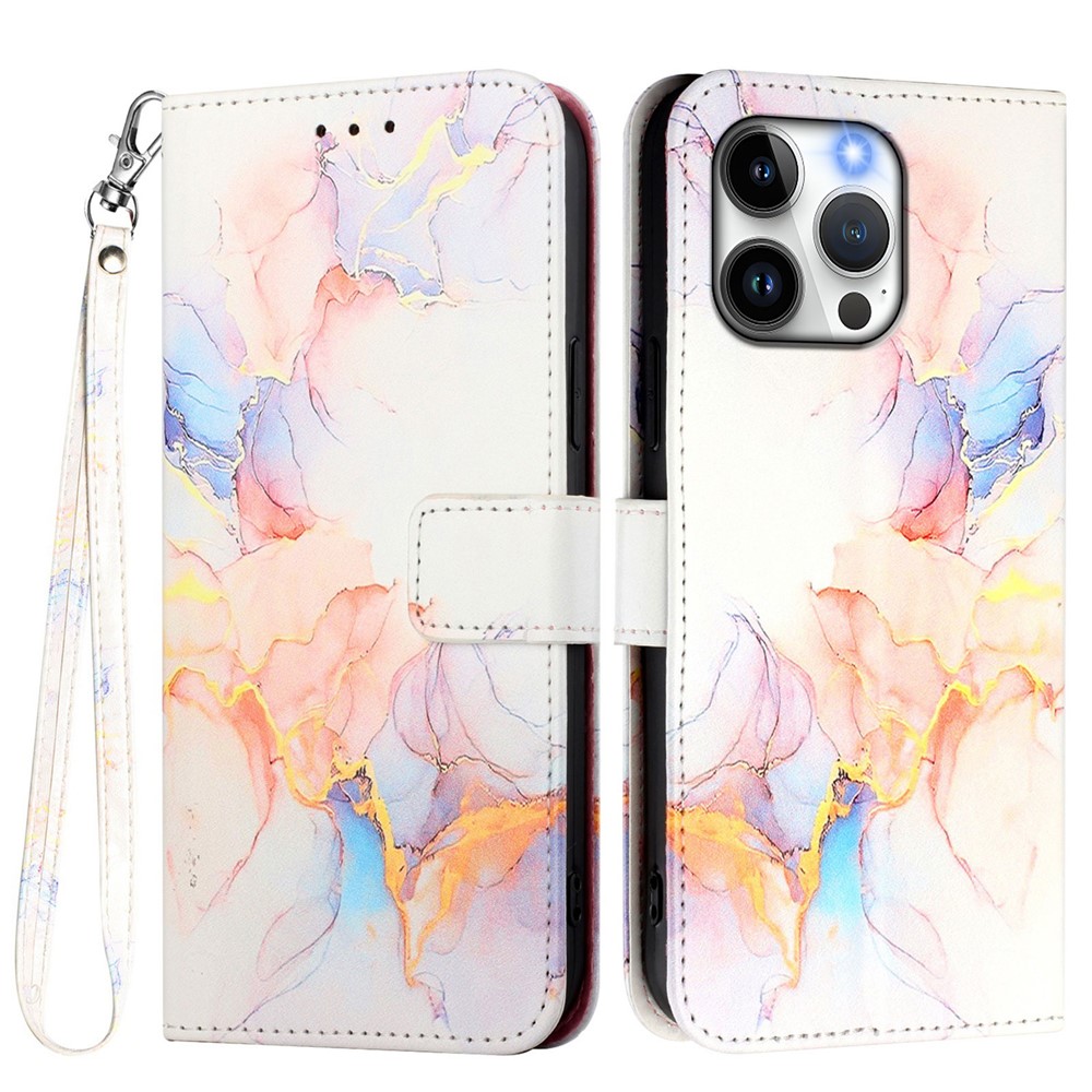 For iPhone 16e Case with Strap Marble Pattern Leather Phone Cover Card Holder - Milky Way Marble White LS004