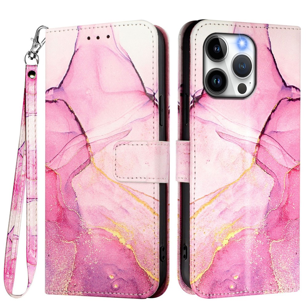 For iPhone 15 Pro Max Case with Strap Marble Pattern Leather Phone Cover Card Holder - Pink / Purple / Gold LS001