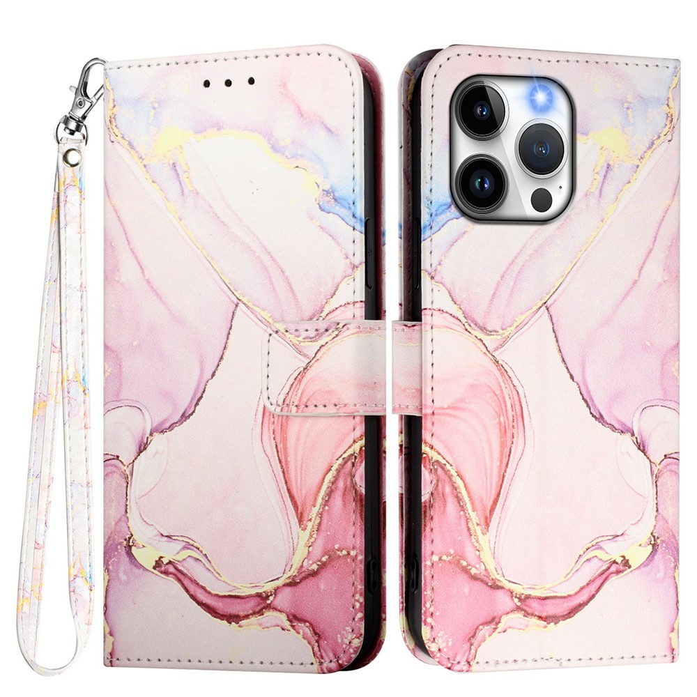 For iPhone 15 Pro Max Case with Strap Marble Pattern Leather Phone Cover Card Holder - Rose Gold LS005
