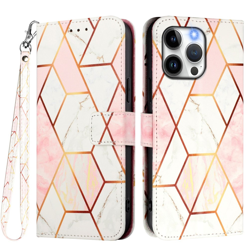 For iPhone 15 Pro Max Case with Strap Marble Pattern Leather Phone Cover Card Holder - Pink / White LS002