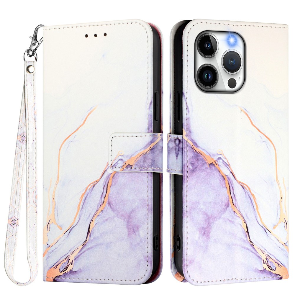 For iPhone 15 Pro Max Case with Strap Marble Pattern Leather Phone Cover Card Holder - White / Purple LS006