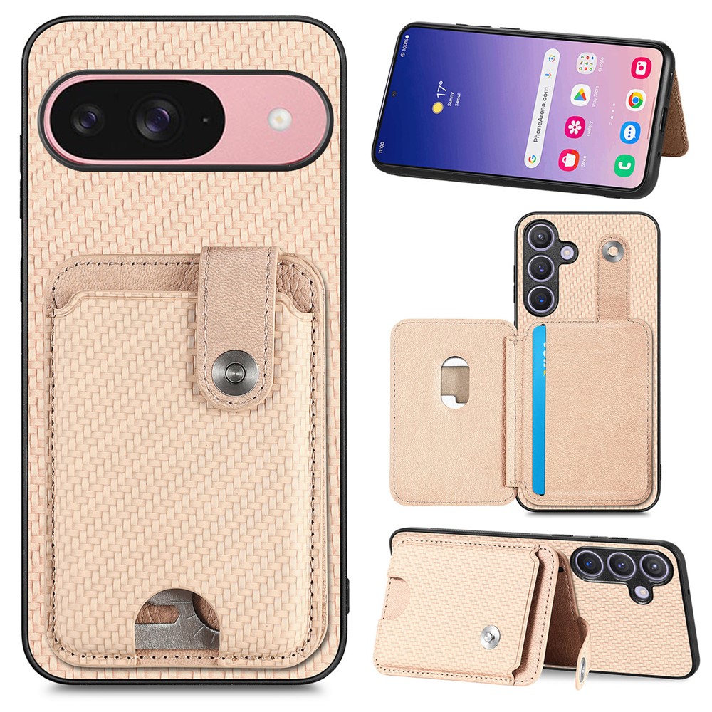 For Google Pixel 9 Pro / Google Pixel 10 / Google Pixel 10 Pro / Google Pixel 9 Case Card Slots Kickstand Phone Back Cover with Card Tool - Khaki