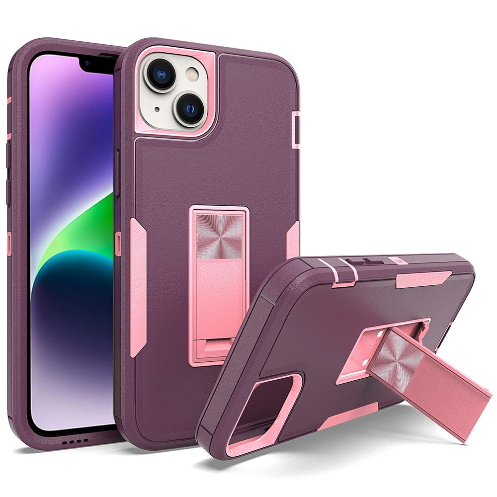 Bulk Purchasing For iPhone 15 Shockproof Case TPU PC Kickstand Phone Cover Support Magnetic Car Mount - Purplish Red / Rose Gold