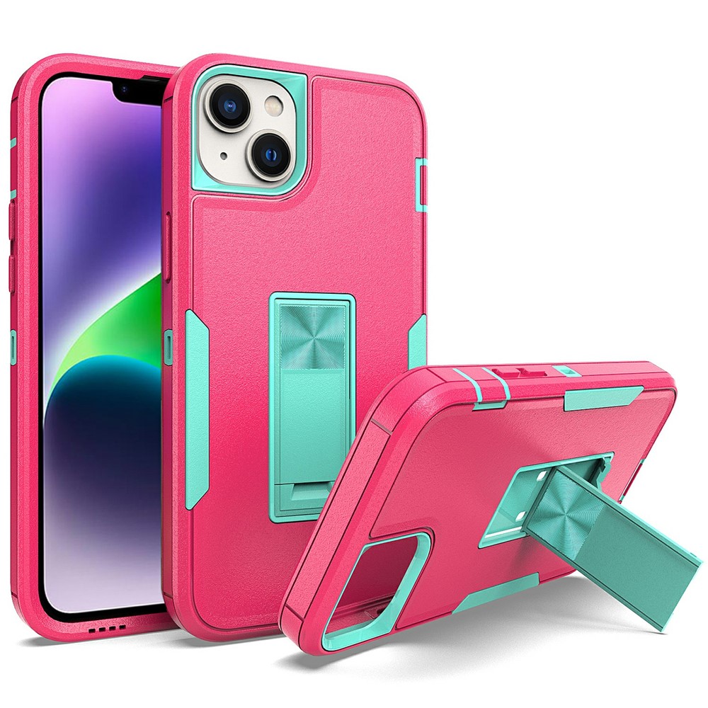 Bulk Purchasing For iPhone 15 Shockproof Case TPU PC Kickstand Phone Cover Support Magnetic Car Mount - Rose / Blue-Green