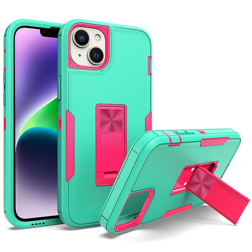 Bulk Purchasing For iPhone 15 Shockproof Case TPU PC Kickstand Phone Cover Support Magnetic Car Mount - Blue-Green / Rose