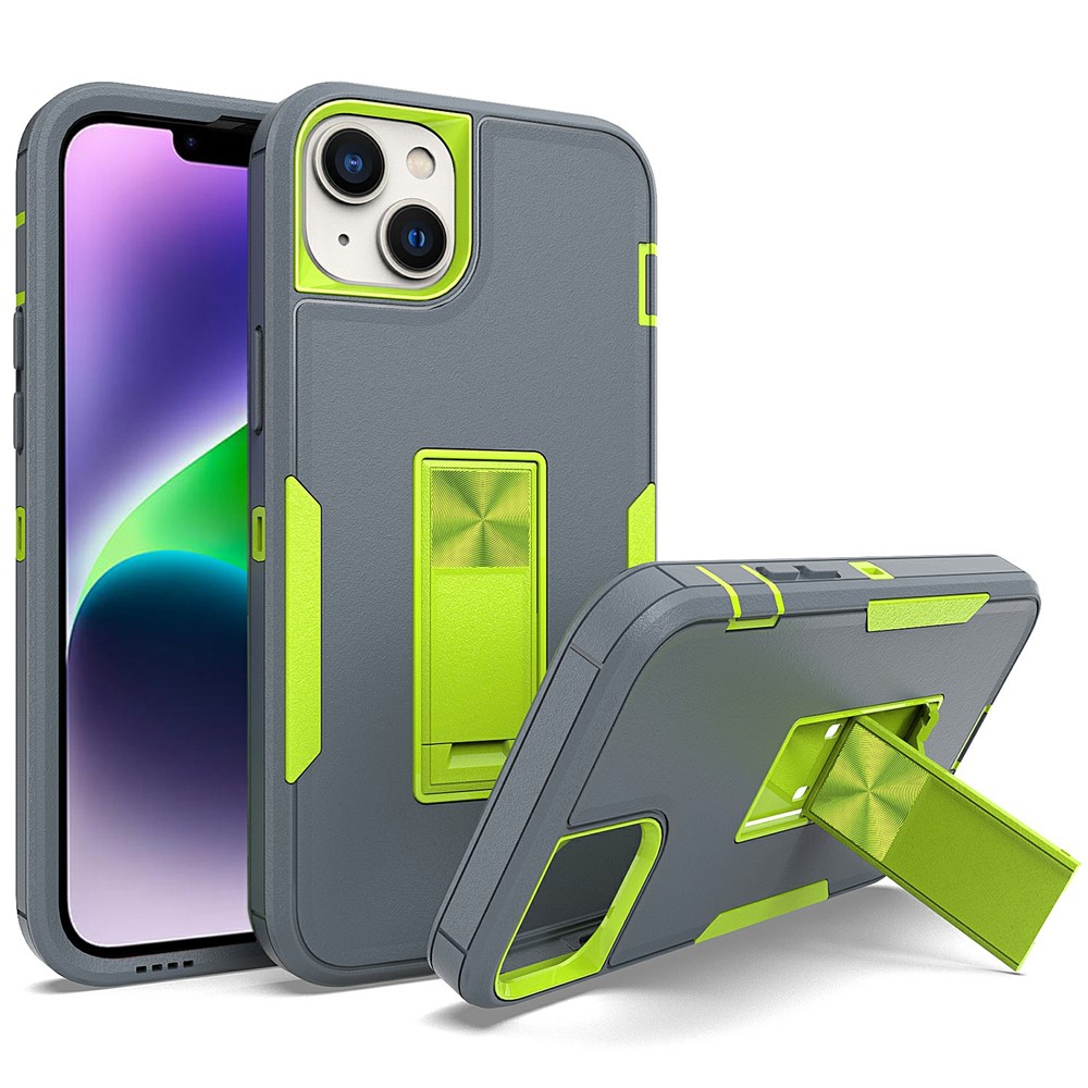 Bulk Purchasing For iPhone 15 Shockproof Case TPU PC Kickstand Phone Cover Support Magnetic Car Mount - Grey / Fluorescent Green