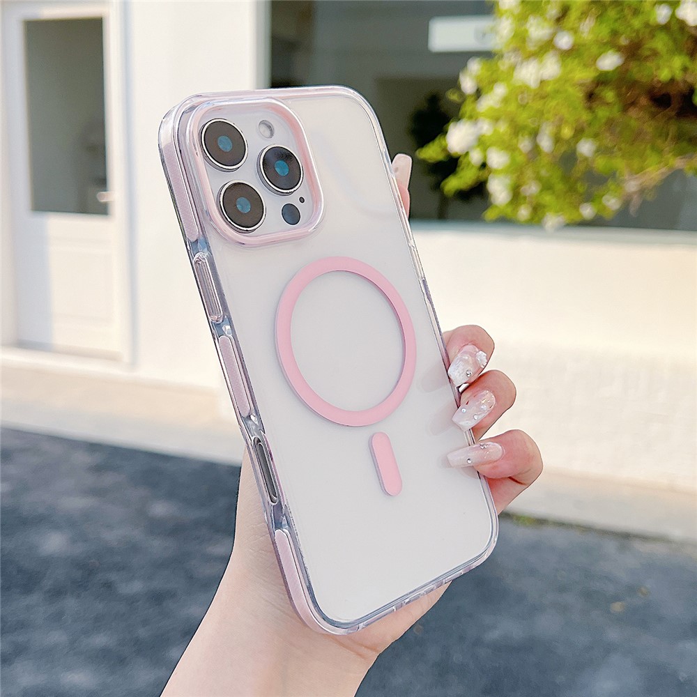 For iPhone 16 Pro Max Magnetic Case Compatible with MagSafe Clear TPU Phone Back Cover - Pink