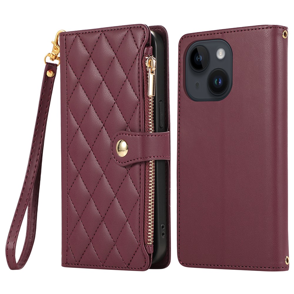 For iPhone 15 Case Multi Card Slots Zipper Rhombus Leather Phone Cover with Wrist Strap - Wine Red