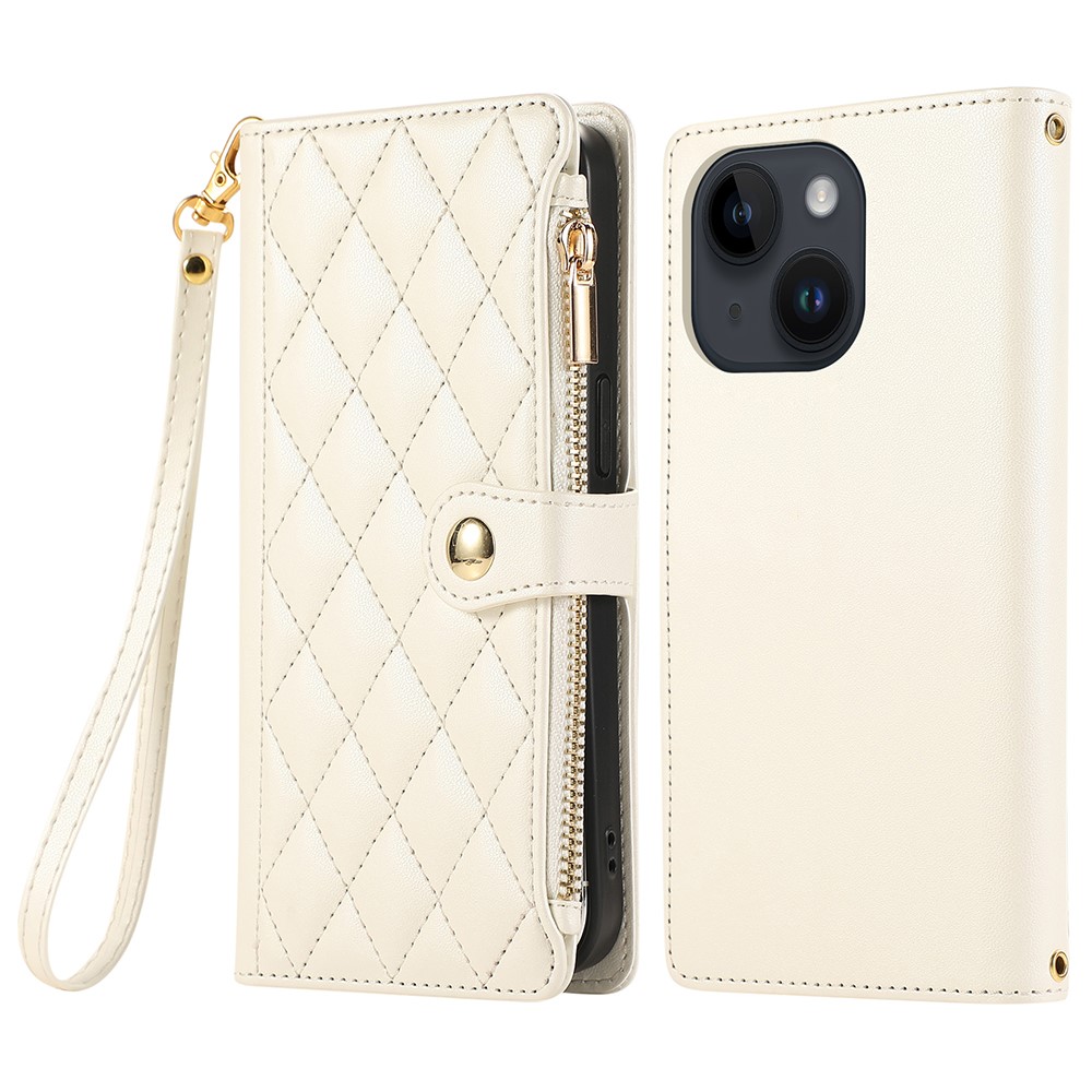 For iPhone 15 Case Multi Card Slots Zipper Rhombus Leather Phone Cover with Wrist Strap - Beige