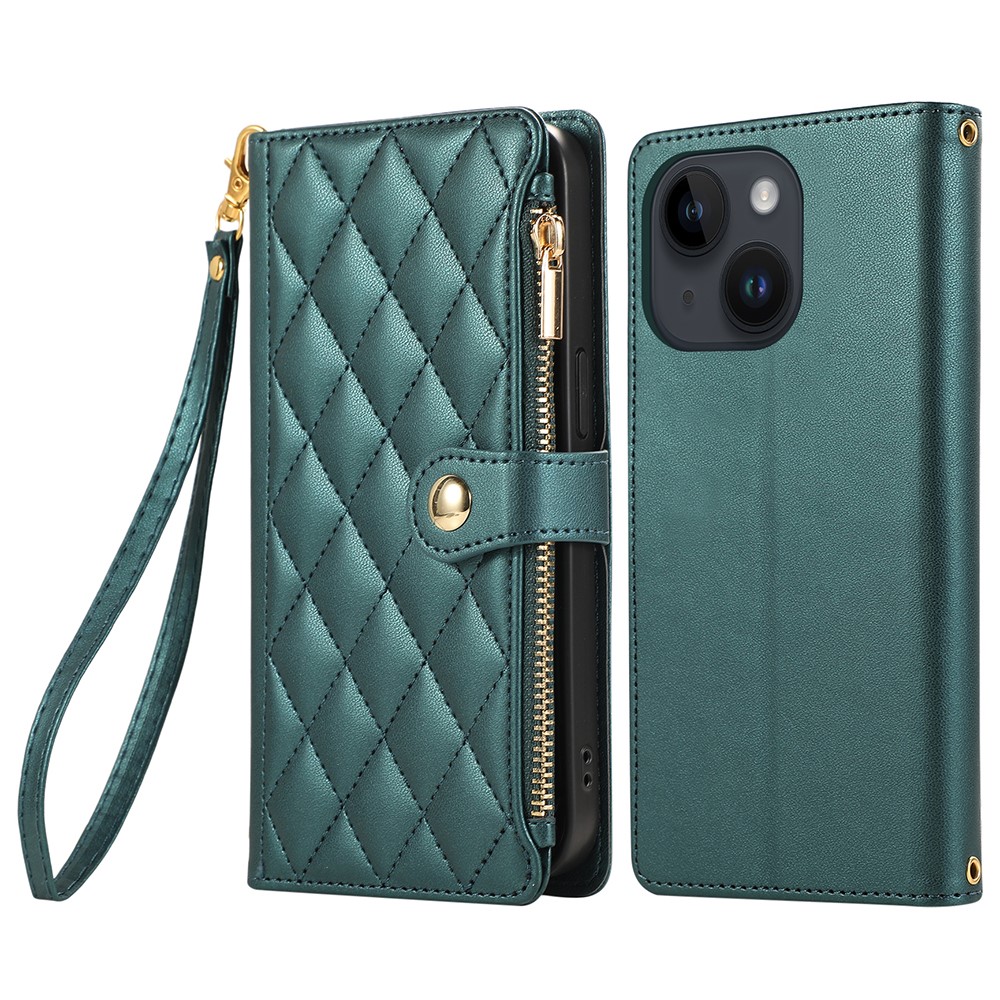 For iPhone 15 Case Multi Card Slots Zipper Rhombus Leather Phone Cover with Wrist Strap - Green