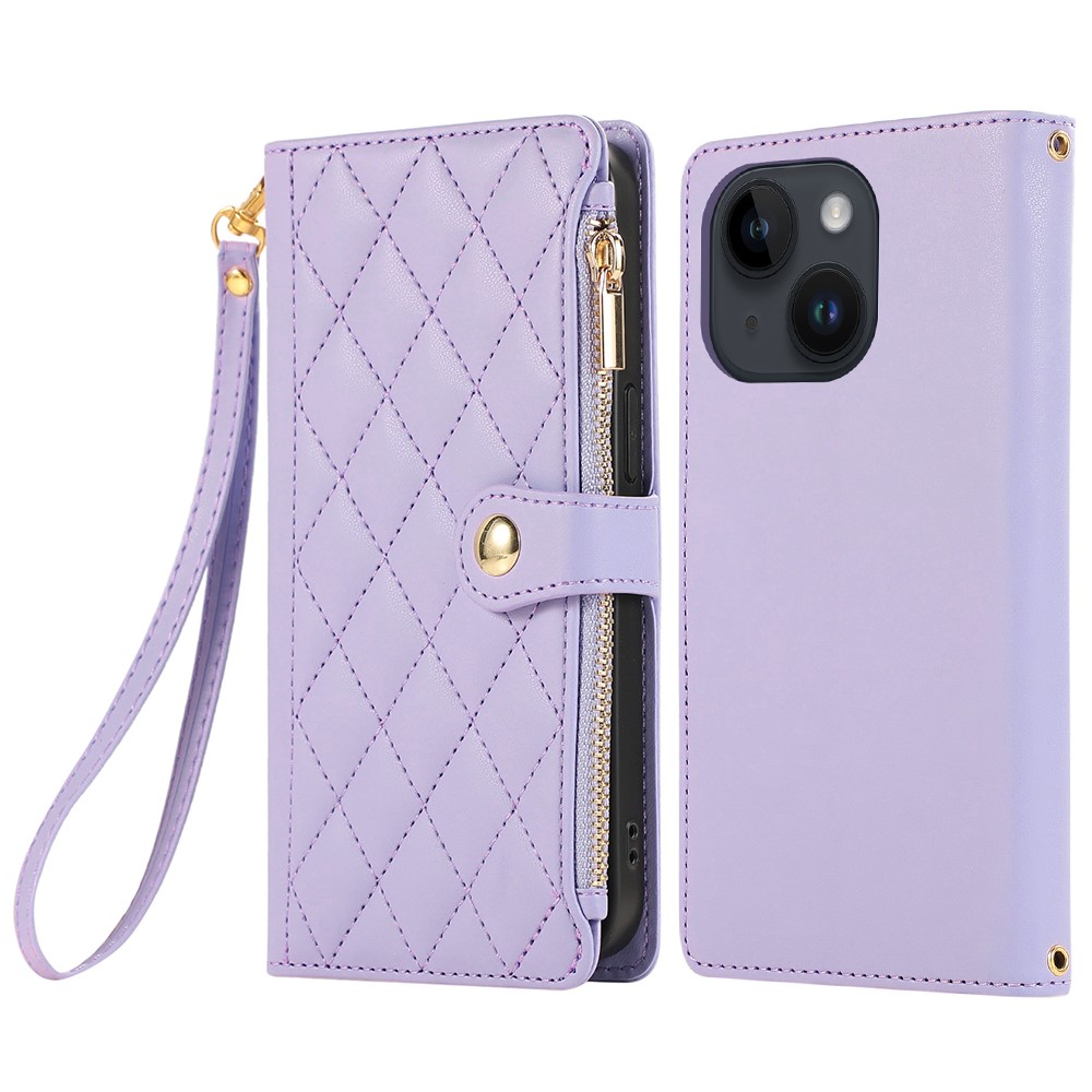 For iPhone 15 Case Multi Card Slots Zipper Rhombus Leather Phone Cover with Wrist Strap - Purple