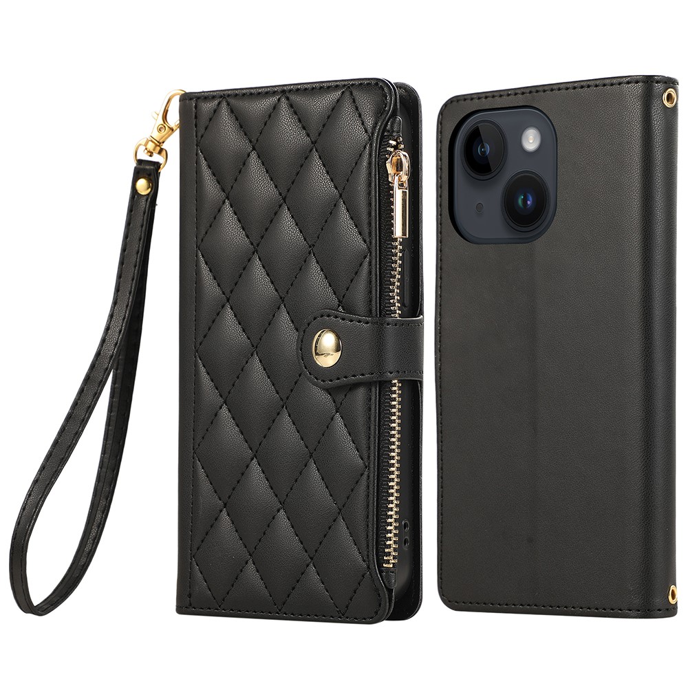 For iPhone 15 Case Multi Card Slots Zipper Rhombus Leather Phone Cover with Wrist Strap - Black