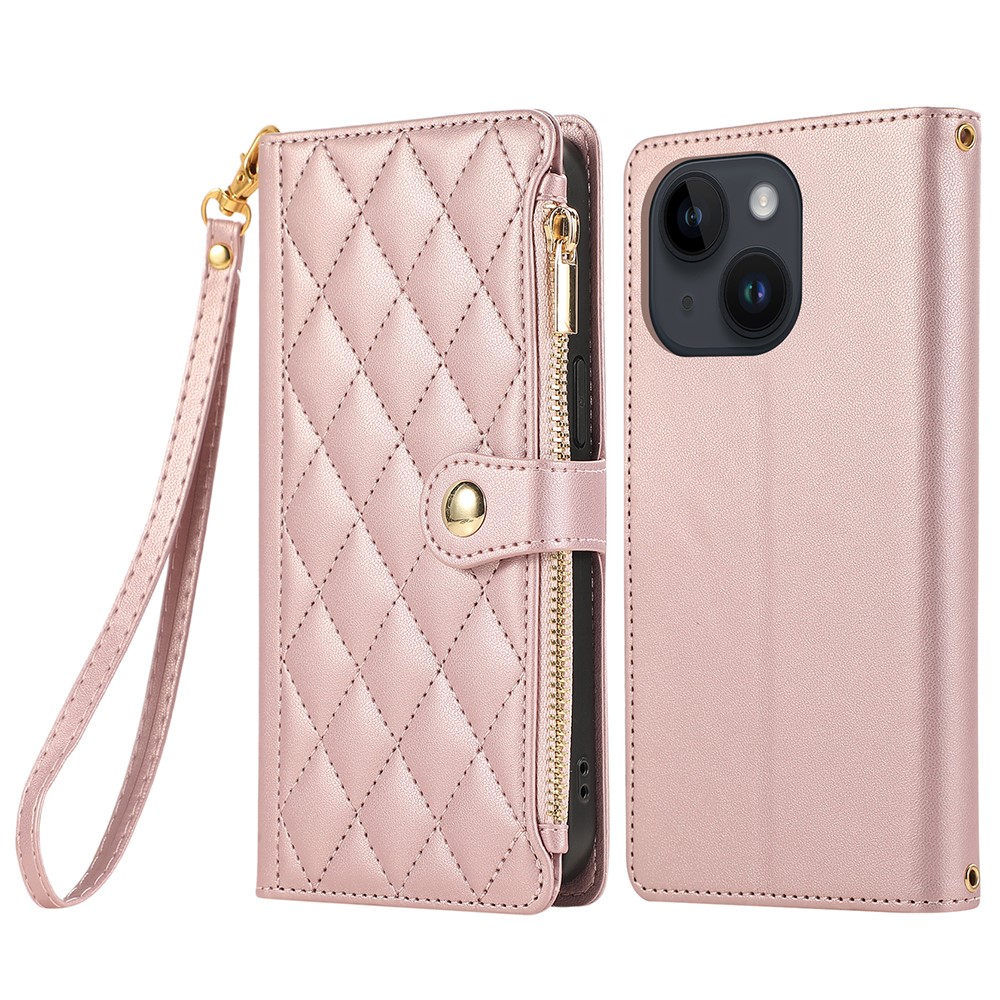 For iPhone 15 Case Multi Card Slots Zipper Rhombus Leather Phone Cover with Wrist Strap - Rose Gold