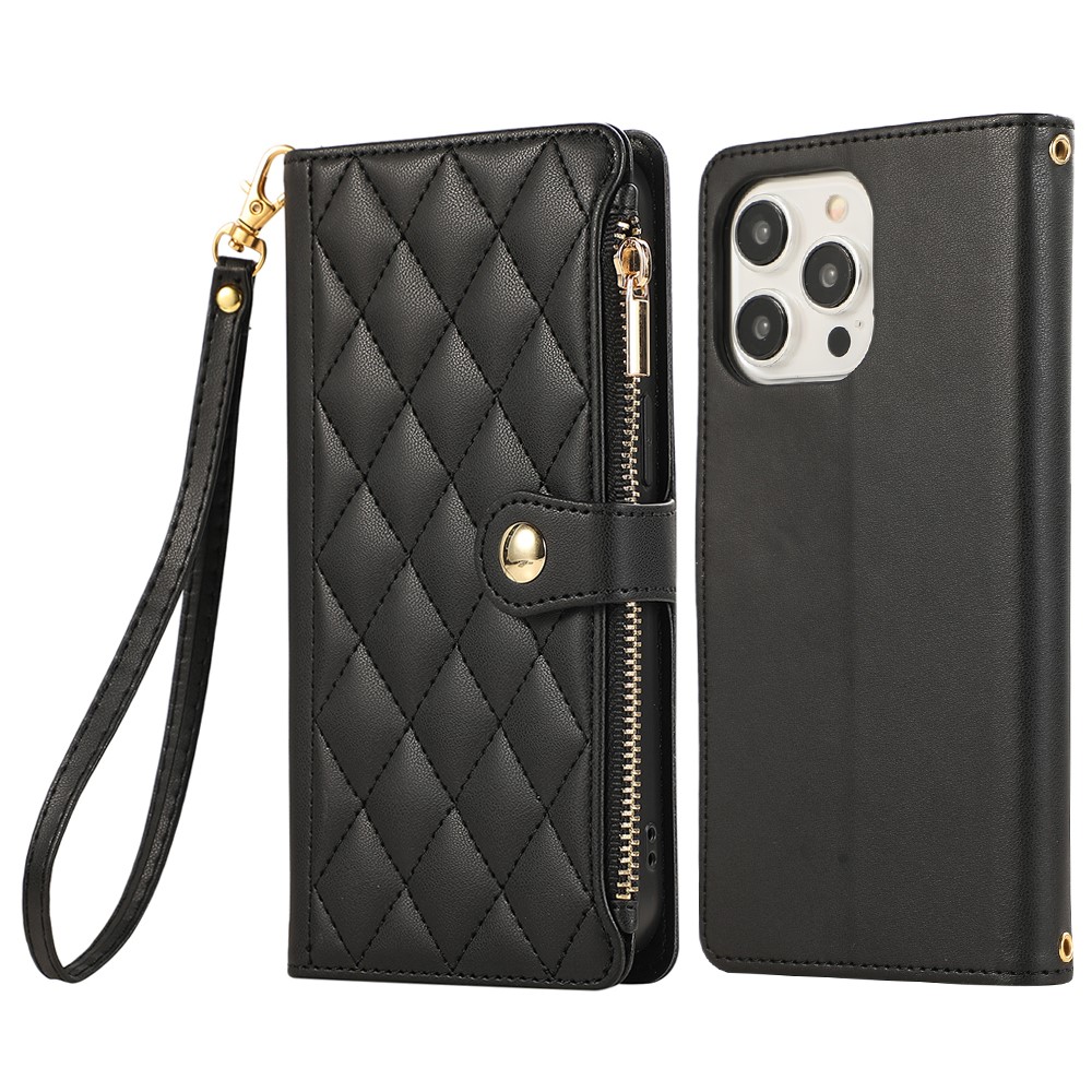 For iPhone 16 Pro Max Case Multi Card Slots Zipper Rhombus Leather Phone Cover with Wrist Strap - Black