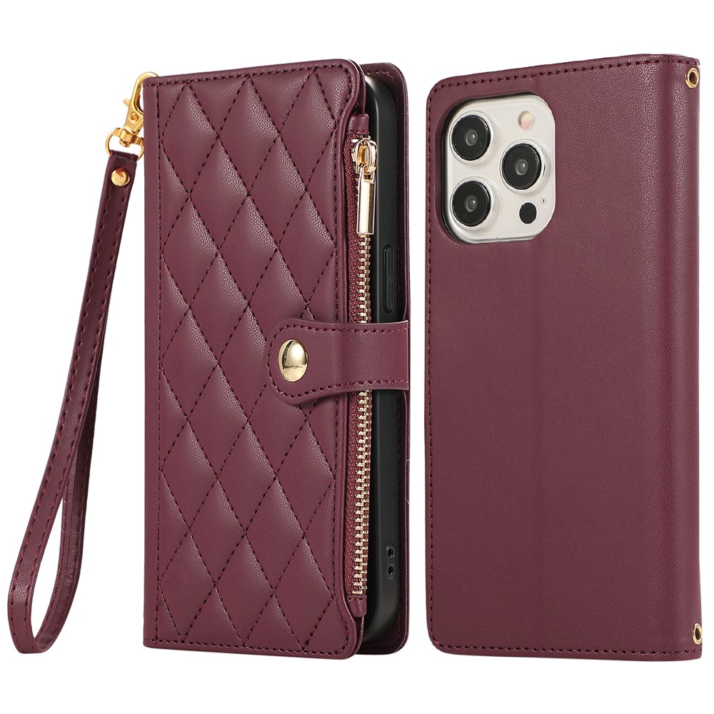 For iPhone 16 Pro Max Case Multi Card Slots Zipper Rhombus Leather Phone Cover with Wrist Strap - Wine Red