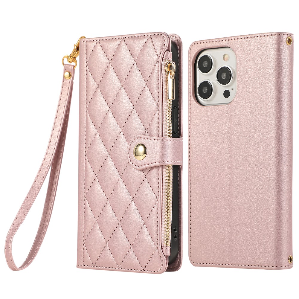 For iPhone 15 Pro Case Multi Card Slots Zipper Rhombus Leather Phone Cover with Wrist Strap - Rose Gold