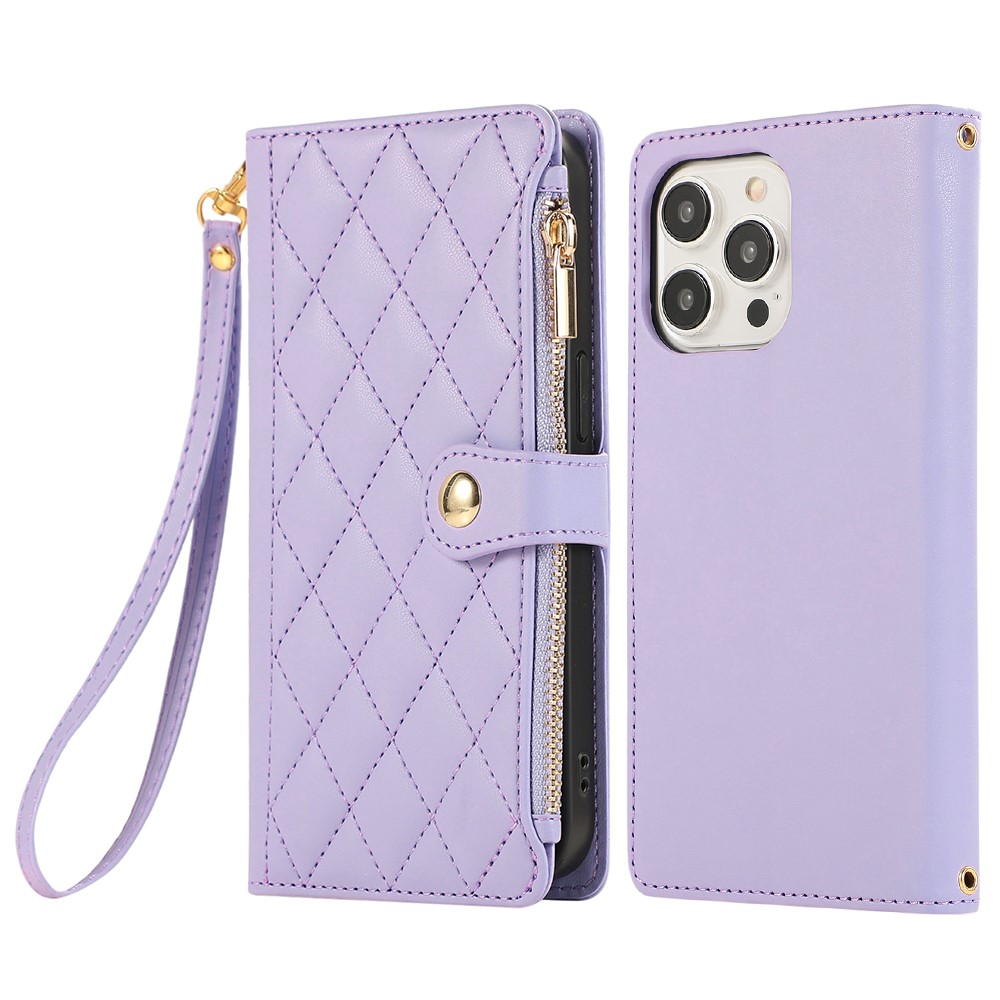 For iPhone 15 Pro Max Case Multi Card Slots Zipper Rhombus Leather Phone Cover with Wrist Strap - Purple