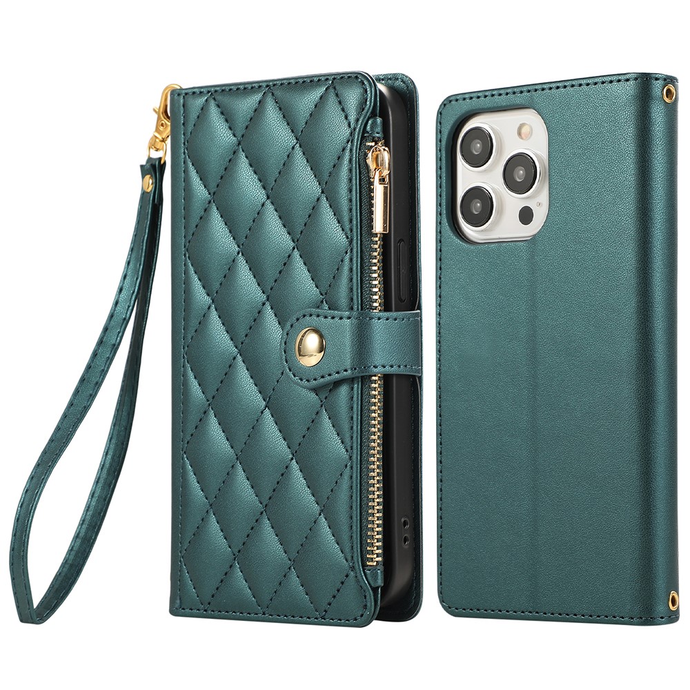 For iPhone 15 Pro Max Case Multi Card Slots Zipper Rhombus Leather Phone Cover with Wrist Strap - Green