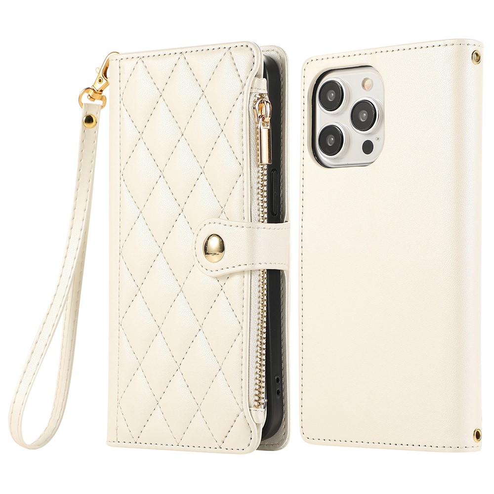 For iPhone 15 Pro Max Case Multi Card Slots Zipper Rhombus Leather Phone Cover with Wrist Strap - Beige