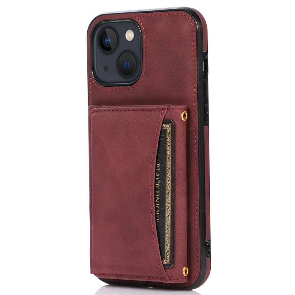 For iPhone 15 Phone Case Tri-Fold Wallet Kickstand PU Leather + TPU Back Cover - Red