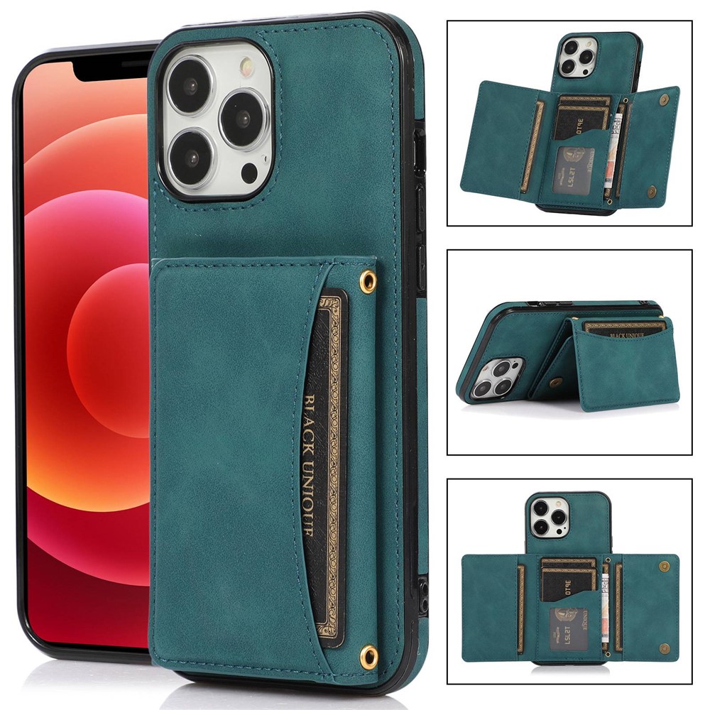 For iPhone 15 Pro Phone Case Tri-Fold Wallet Kickstand PU Leather + TPU Back Cover - Blue