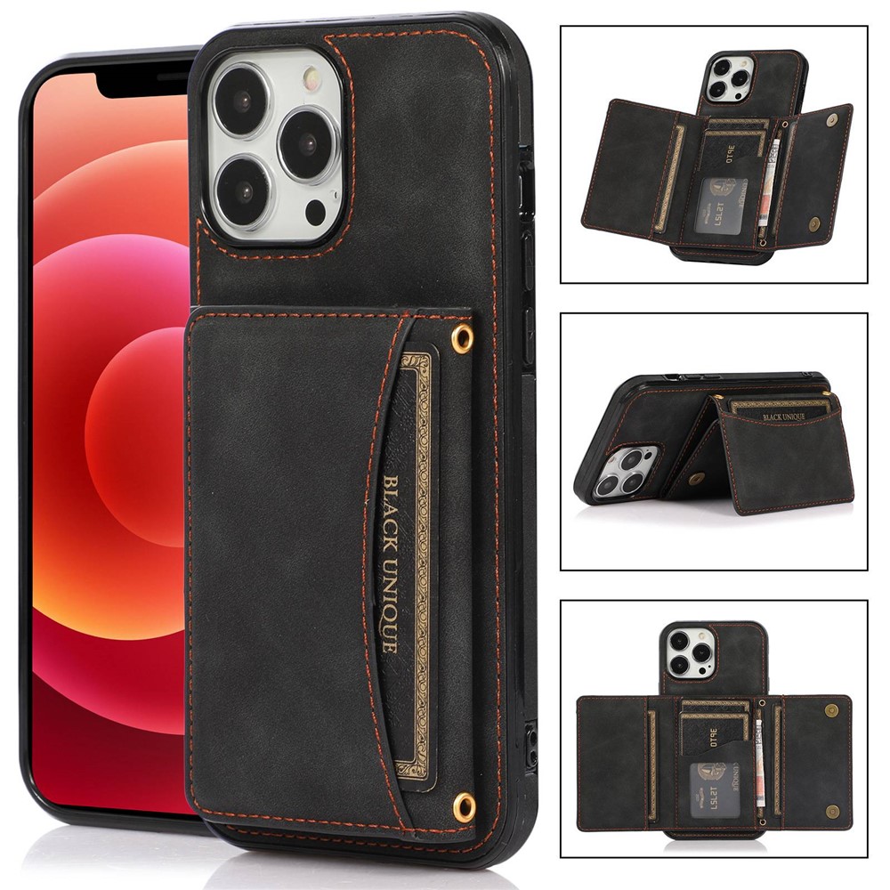 For iPhone 15 Pro Phone Case Tri-Fold Wallet Kickstand PU Leather + TPU Back Cover - Black