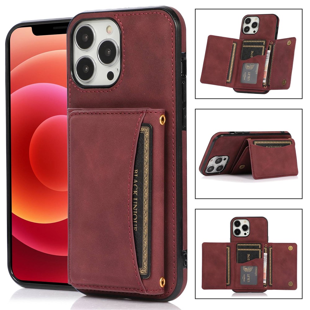 For iPhone 15 Pro Max Phone Case Tri-Fold Wallet Kickstand PU Leather + TPU Back Cover - Red