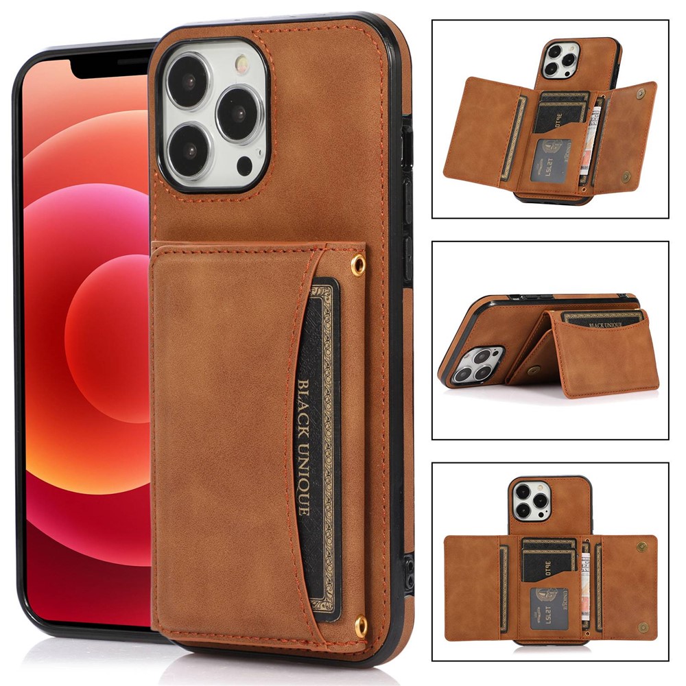 For iPhone 15 Pro Max Phone Case Tri-Fold Wallet Kickstand PU Leather + TPU Back Cover - Brown