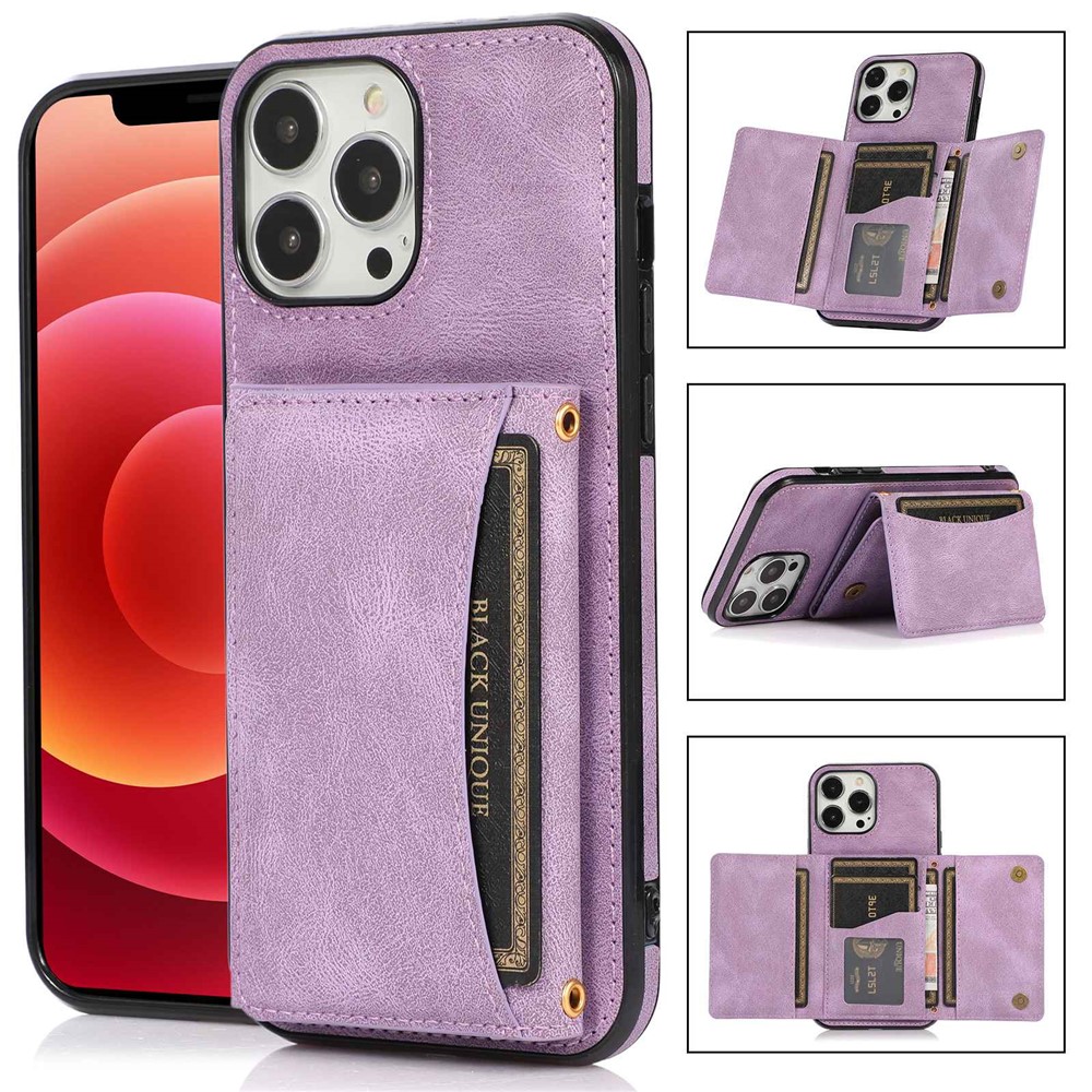 For iPhone 15 Pro Max Phone Case Tri-Fold Wallet Kickstand PU Leather + TPU Back Cover - Purple
