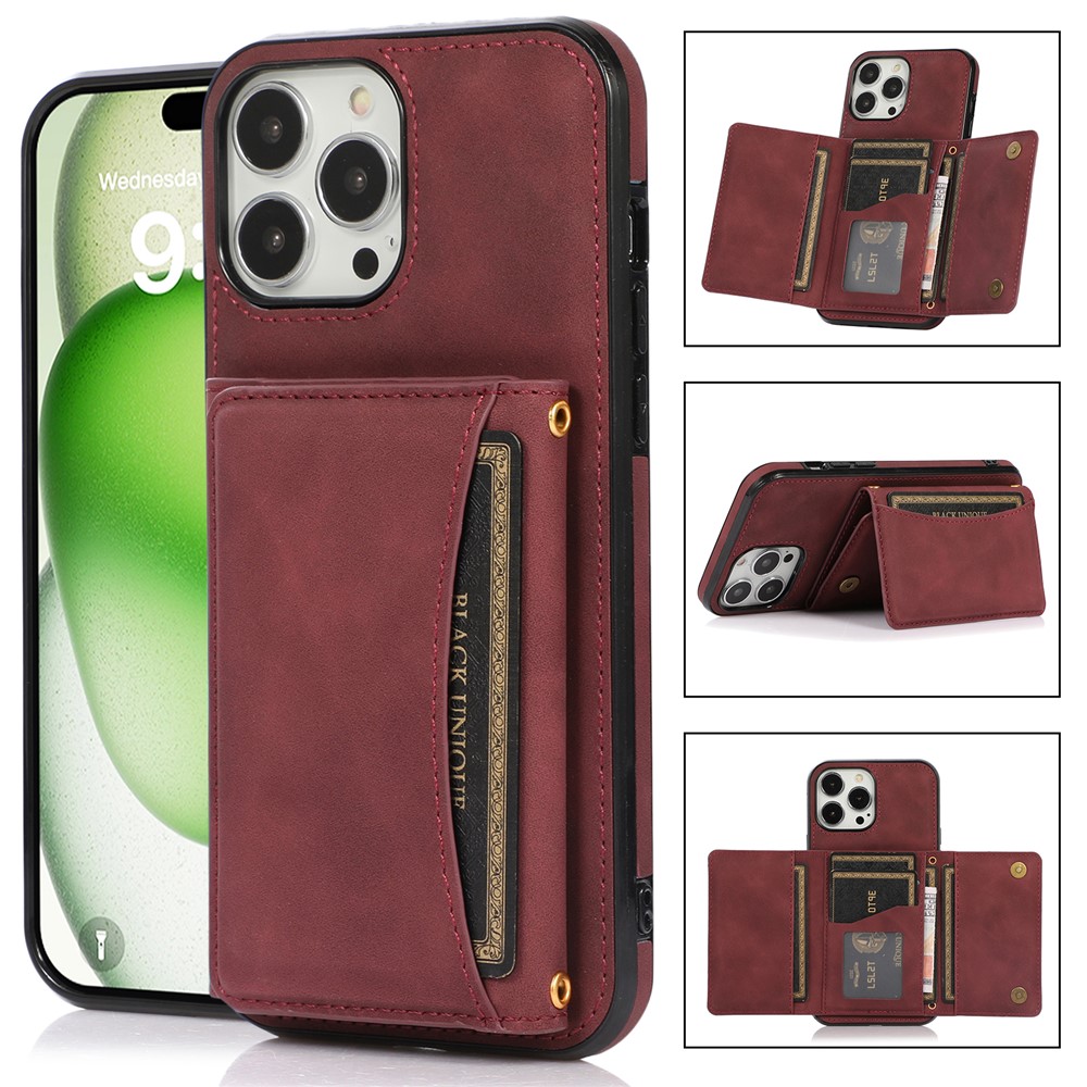 For iPhone 16 Pro Max Phone Case Tri-Fold Wallet Kickstand PU Leather + TPU Back Cover - Red