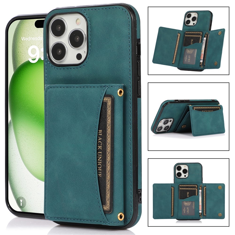 For iPhone 16 Pro Max Phone Case Tri-Fold Wallet Kickstand PU Leather + TPU Back Cover - Blue