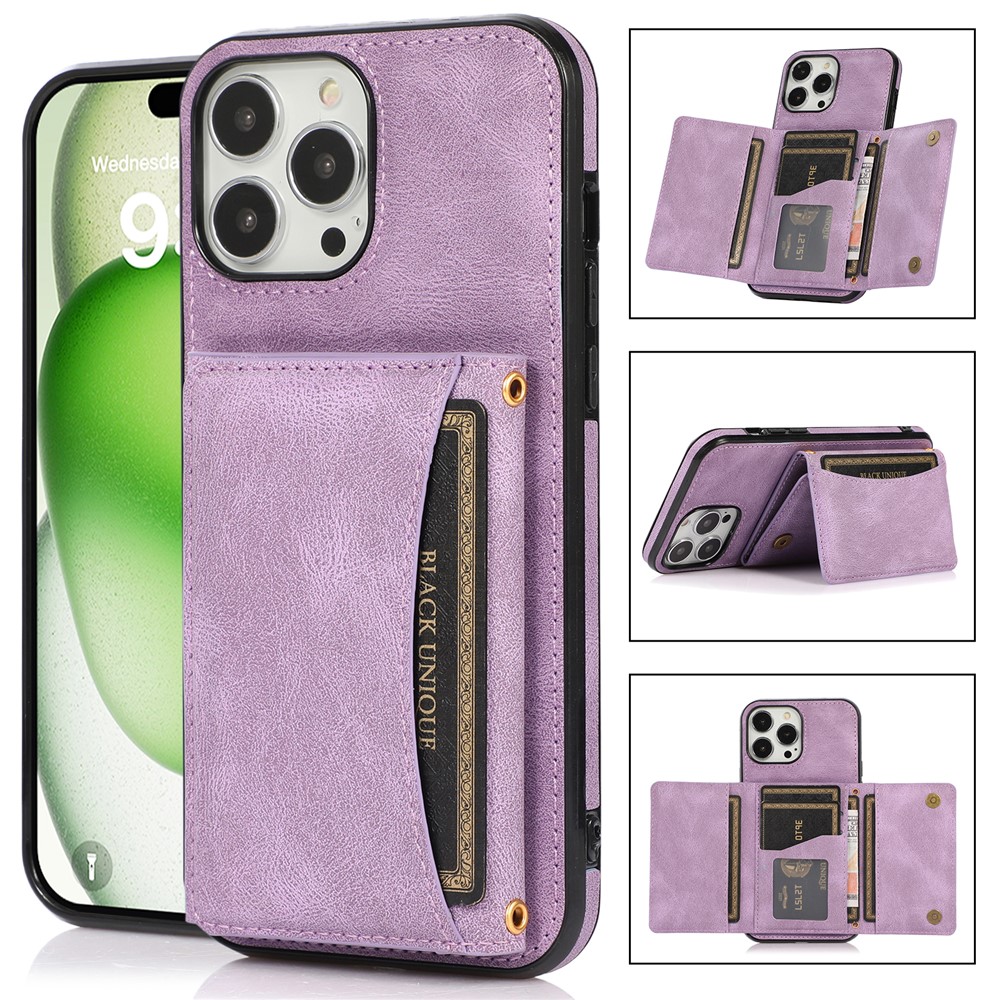 For iPhone 16 Pro Max Phone Case Tri-Fold Wallet Kickstand PU Leather + TPU Back Cover - Purple