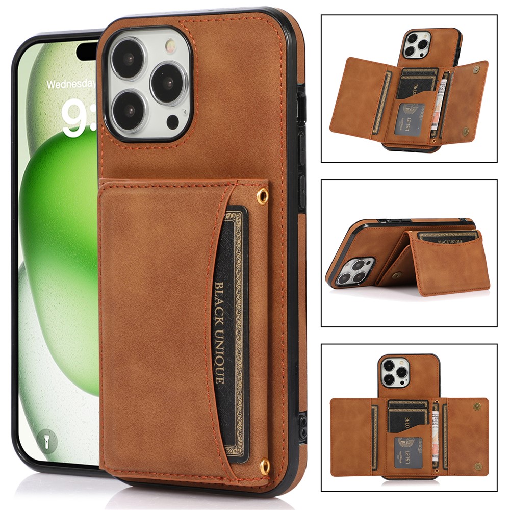 For iPhone 16 Pro Max Phone Case Tri-Fold Wallet Kickstand PU Leather + TPU Back Cover - Brown