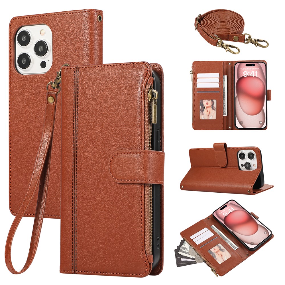 For iPhone 15 Pro Case Multi Card Slots Zipper Leather Phone Cover with Shoulder Strap / Wrist Strap - Brown