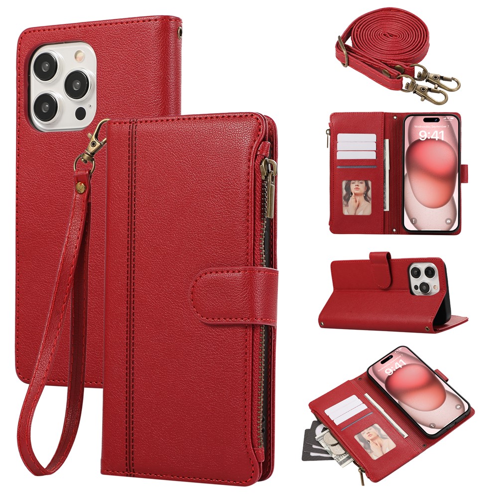 For iPhone 15 Pro Max Case Multi Card Slots Zipper Leather Phone Cover with Shoulder Strap / Wrist Strap - Red