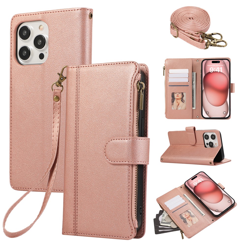 For iPhone 15 Pro Max Case Multi Card Slots Zipper Leather Phone Cover with Shoulder Strap / Wrist Strap - Rose Gold