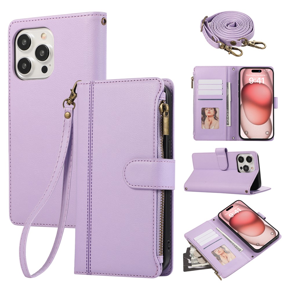 For iPhone 15 Pro Max Case Multi Card Slots Zipper Leather Phone Cover with Shoulder Strap / Wrist Strap - Purple
