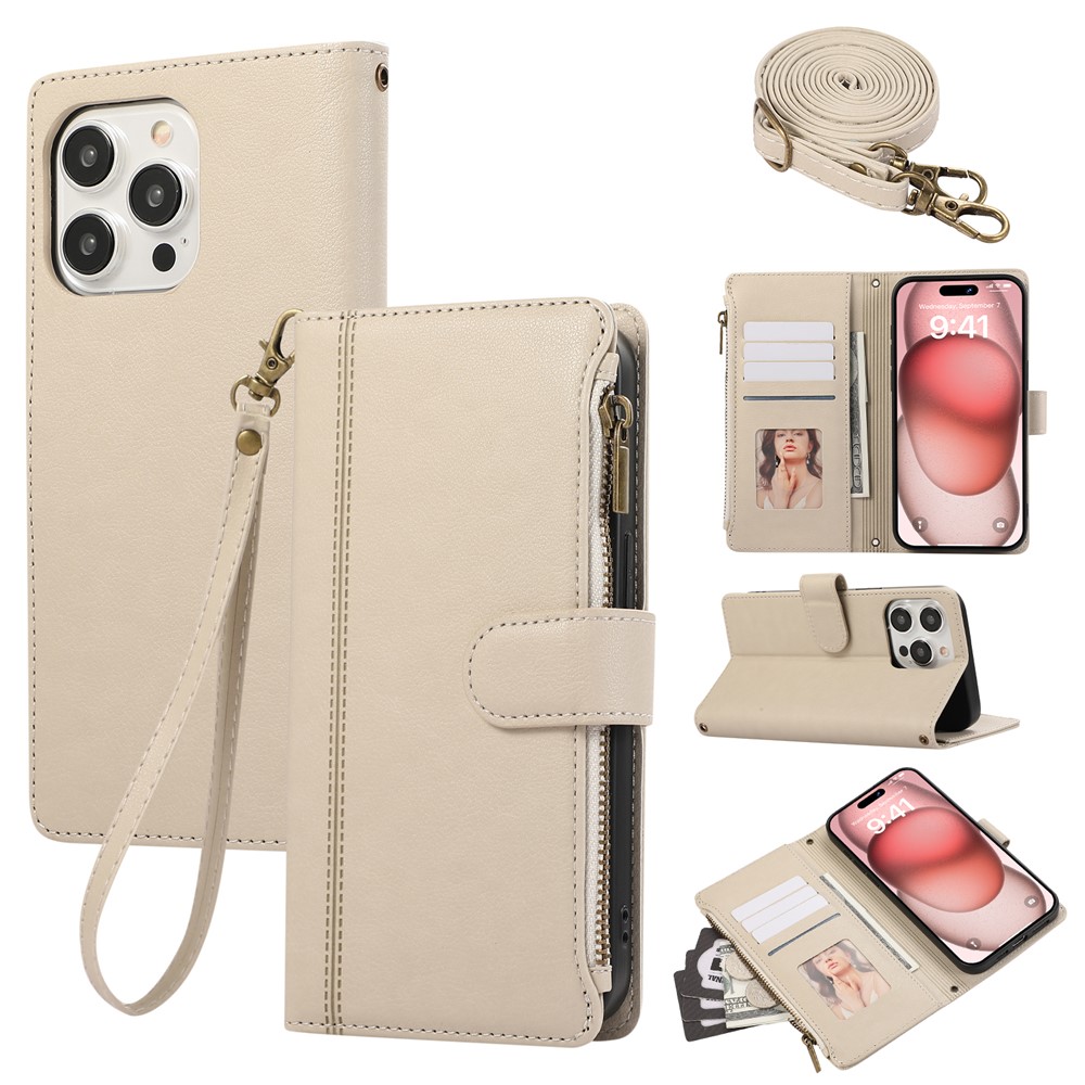 For iPhone 15 Pro Max Case Multi Card Slots Zipper Leather Phone Cover with Shoulder Strap / Wrist Strap - Beige