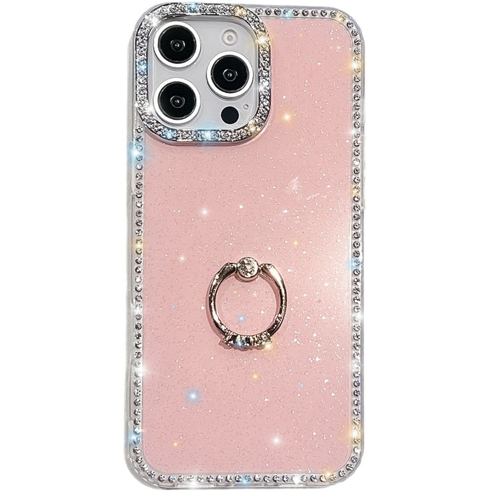 For iPhone 14 Pro Case with Ring Kickstand Rhinestone Edge TPU + PC IMD Phone Cover - Glitter Light Pink