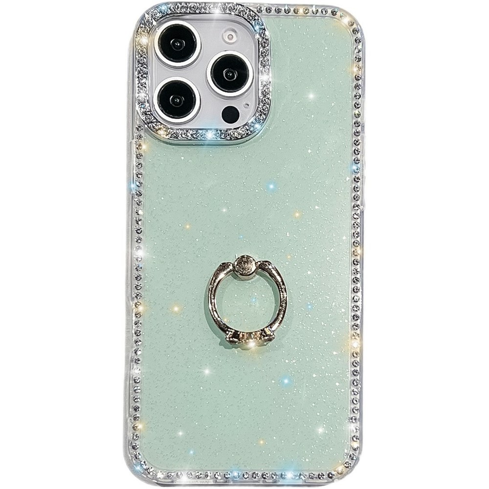For iPhone 14 Pro Case with Ring Kickstand Rhinestone Edge TPU + PC IMD Phone Cover - Glitter Light Green