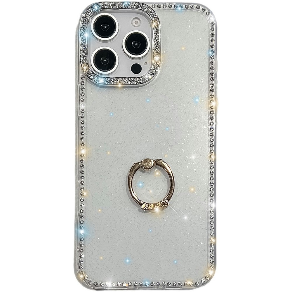 For iPhone 14 Pro Max Case with Ring Kickstand Rhinestone Edge TPU + PC IMD Phone Cover - Glitter Transparent