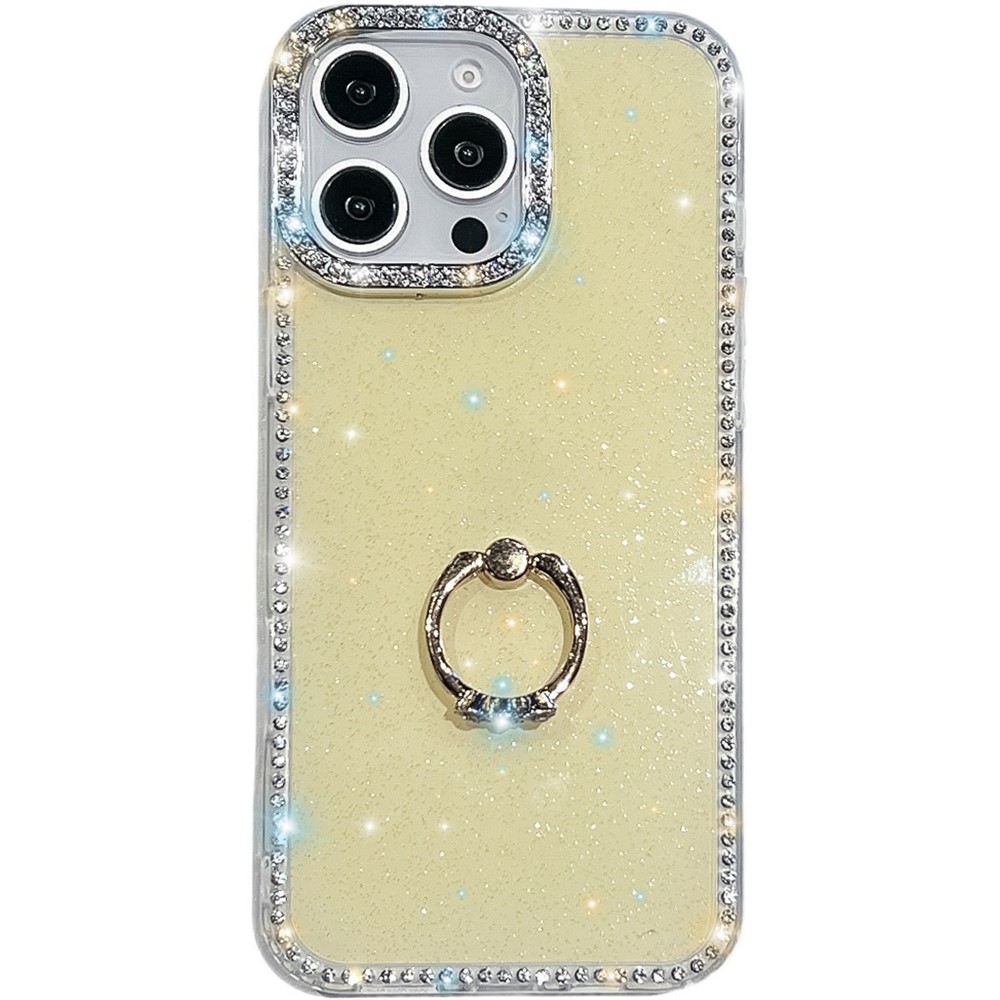 For iPhone 14 Pro Max Case with Ring Kickstand Rhinestone Edge TPU + PC IMD Phone Cover - Glitter Light Yellow