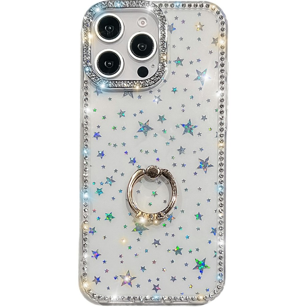 For iPhone 15 Pro Max Case with Ring Kickstand Rhinestone Edge TPU + PC IMD Phone Cover - Starry Transparent