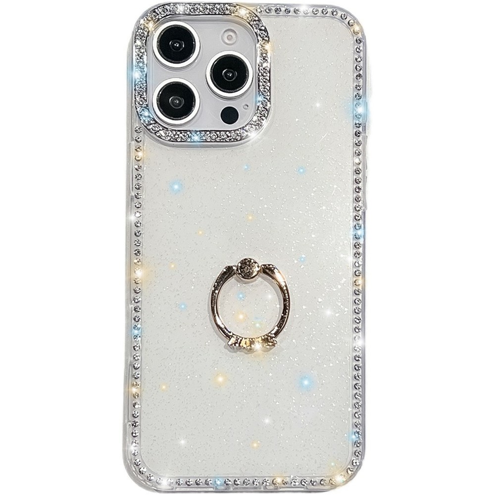 For iPhone 15 Pro Max Case with Ring Kickstand Rhinestone Edge TPU + PC IMD Phone Cover - Glitter White