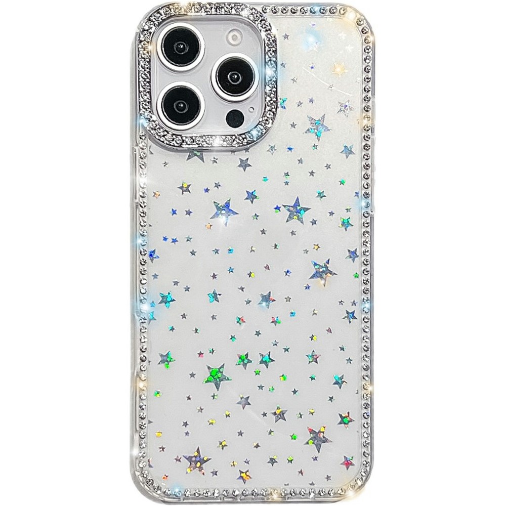 For iPhone 16 Pro Max Case Rhinestone Edge Glitter Back TPU + PC IMD Phone Cover - Starry Transparent