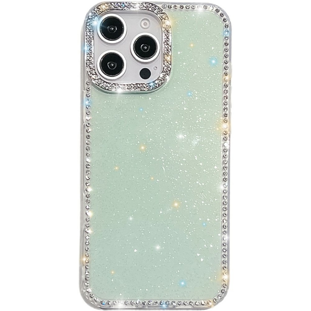 For iPhone 15 Pro Max Case Rhinestone Edge Glitter Back TPU + PC IMD Phone Cover - Glitter Light Green