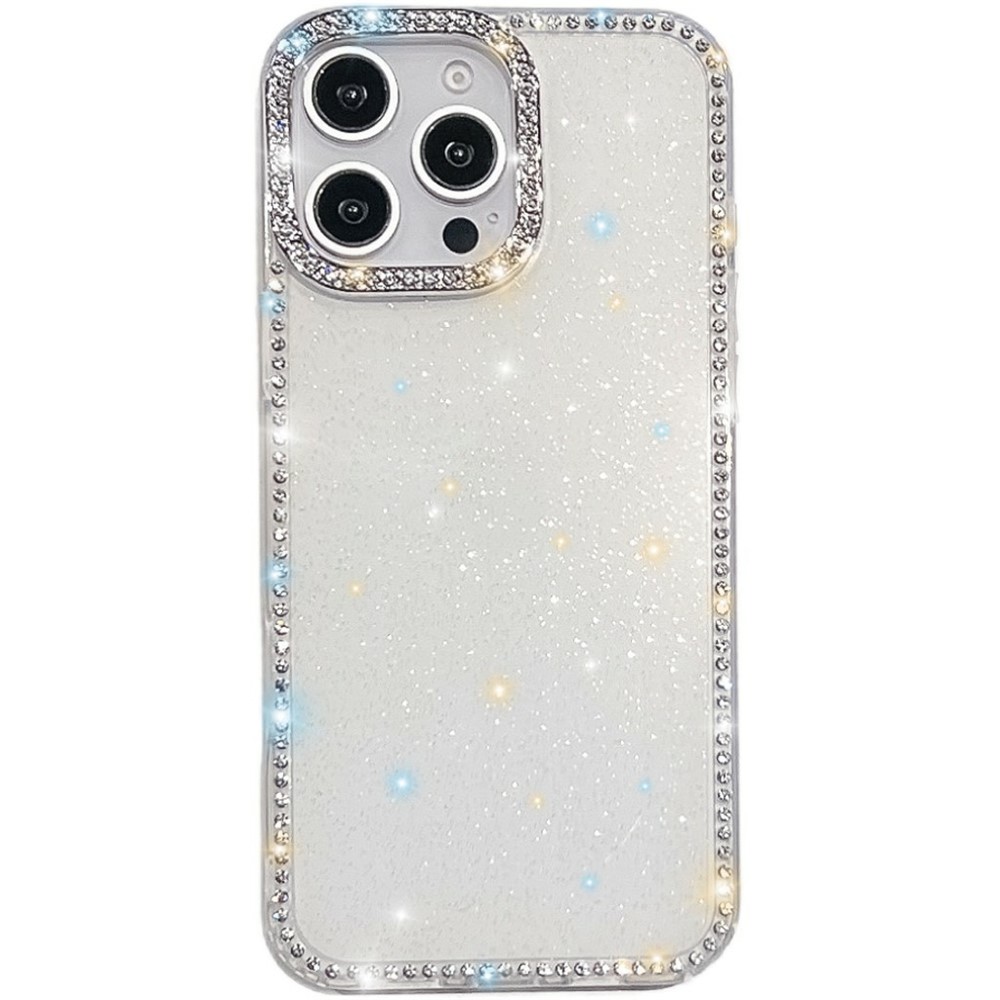 For iPhone 14 Pro Case Rhinestone Edge Glitter Back TPU + PC IMD Phone Cover - Glitter White