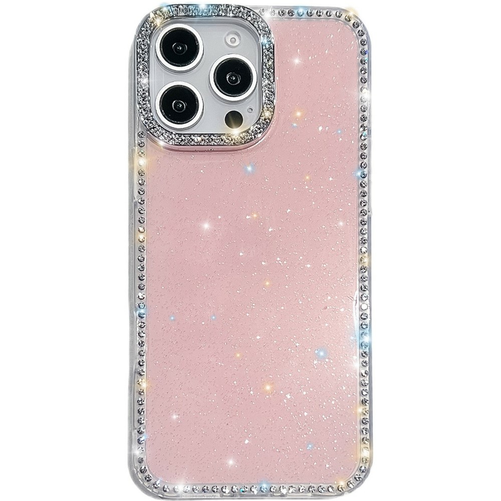 For iPhone 14 Pro Case Rhinestone Edge Glitter Back TPU + PC IMD Phone Cover - Glitter Light Pink