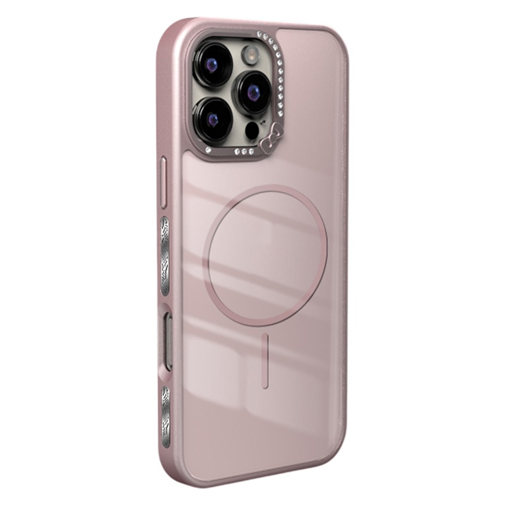 For iPhone 16 Pro Max Case Compatible with MagSafe Bow Rhinestone TPU + Acrylic Phone Back Cover - Pink