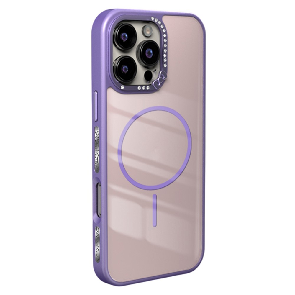 For iPhone 16 Pro Max Case Compatible with MagSafe Bow Rhinestone TPU + Acrylic Phone Back Cover - Purple
